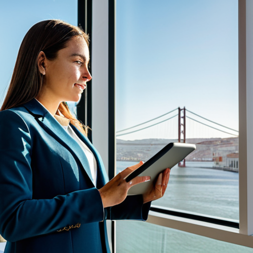 **
A professional businesswoman in a modern, fully clothed, and modest blazer and trousers ensemble, standing in a bright, contemporary office in Lisbon, Portugal. Sunlight streams through a large window overlooking the Tagus River. She holds a tablet displaying data charts. Safe for work, appropriate content, perfect anatomy, well-formed hands, natural pose, professional photography, high quality.
**