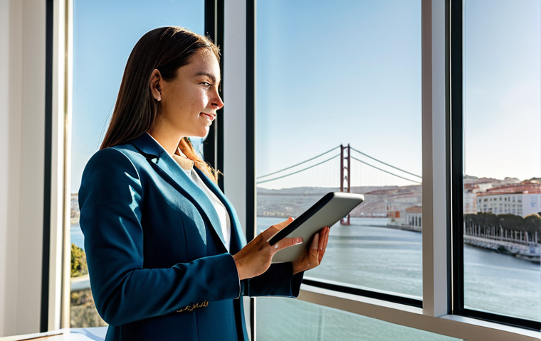 **
A professional businesswoman in a modern, fully clothed, and modest blazer and trousers ensemble, standing in a bright, contemporary office in Lisbon, Portugal. Sunlight streams through a large window overlooking the Tagus River. She holds a tablet displaying data charts. Safe for work, appropriate content, perfect anatomy, well-formed hands, natural pose, professional photography, high quality.
**