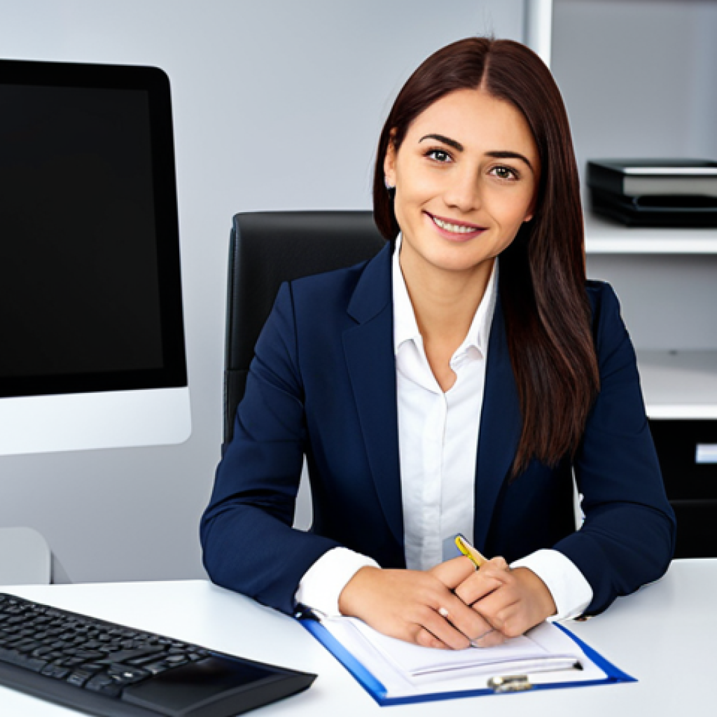 Businesswoman at Modern Office Desk**
"A professional businesswoman in a modest business suit, sitting at a desk in a modern office. She is fully clothed in appropriate attire, looking confidently at the camera. The scene is safe for work and appropriate content. Perfect anatomy, correct proportions, natural pose, professional photography, high quality."
**