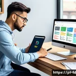 Home 21 페이지 품질 신호와 SEO - A modern workspace scene showing a web developer optimizing a website’s loading speed on multiple de...