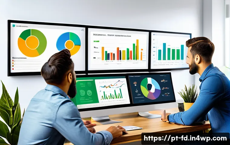 SEO 성과를 위한 장기 목표 설정 - A modern office workspace scene showing a diverse team of digital marketing professionals collaborat...