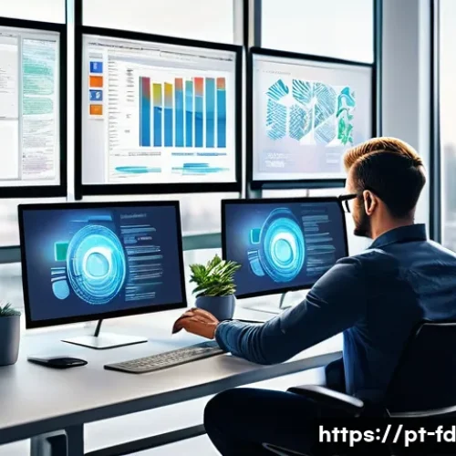 Home 31 SEO를 위한 사이트맵 최적화 전략 - A detailed digital illustration of a professional web developer analyzing a sitemap on multiple comp...