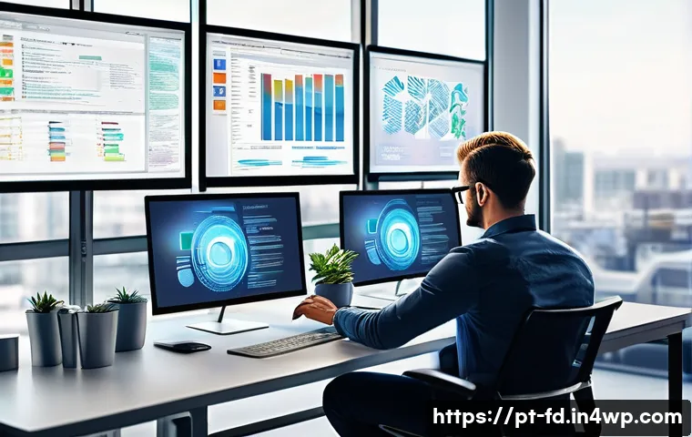 SEO를 위한 사이트맵 최적화 전략 - A detailed digital illustration of a professional web developer analyzing a sitemap on multiple comp...